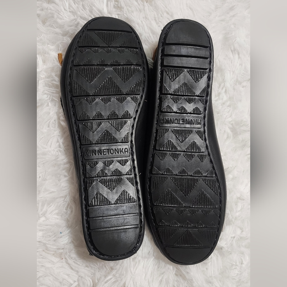 MINNETONKA Women's Leather Boat Moccasins Loafers Size 5 Black & Tan Slip Ons - Picture 6 of 7
